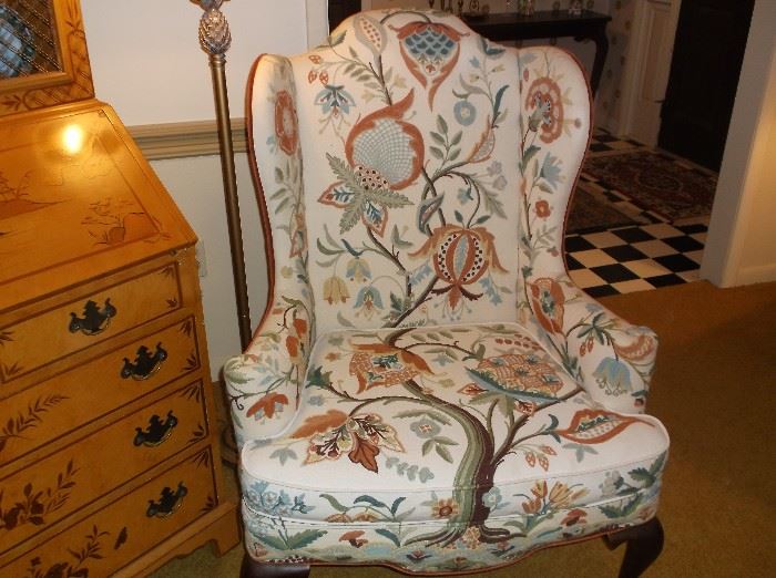 Mary Webb Wood crewel embroidered wing back chair