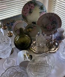 Handpainted Decorative Plates, Glassware, Salt & Pepper Sets, Silverplate