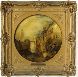 Antique 19th century oil painting by popular well listed English Artist James Holland (United Kingdom, 1799-1870) | Oil on Canvas | Entitled “Venice” | Depicts a Venice city side street landscape | Beautiful Round circle format frame | Image Measures approximately 13″ x 13″ – Frame measures approximately 19″ x 19″ | Good condition with some craquelure, has been relined.