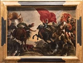 17th Century Oil Painting by Flemish Old Master Vincent Adriaenssen Leckerbetien (Il Manciola) Entitled “Cavalry Battle Scene”