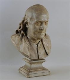 Portrait Bust Of Benjamin Franklin by Pietro Paulo Caproni After Jean-Antoine Houdon's "Bust of Benjamin Franklin". 19th Century Busty of Benjamin Franklin After Jean-Antoine Houdon, (French, 1741 - 1828) work entitled "Bust of Benjamin Franklin" sculpted in 1779 | This bust was cast by the famous Caproni Brothers in Boston, Mass. and is impressed with their hallmark "P.P. Caproni & Bros/Plastic Arts/Boston" , making this statue one of their earliest casts | This example of Houdon's work is somewhat larger that the original (21 x 13 1/2 x 10 inches) and measures 24" high, 15" wide, 12" deep. 
