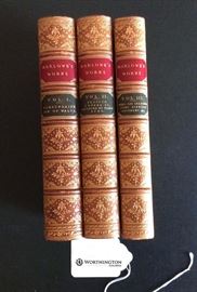 The Works of Christopher Marlow with Notes and Some Account of his Life and Writings by the Reverend Alexander Dyce. London: Pickering, 1850. In three Volumes. 19th Century Full tan polished calf leather, raised bands, elaborately gilt decorated spines, red and green morocco labels, marbled end papers, top edges gilt. Beautifully Bound by Bedford, 1850. Small bookplate in Volume I. Fine Condition. Previously sold to owner by Bauman Rare Books Philadelphia / New York.
Artist or Maker: Christopher Marlow
Medium: Full tan polished calf leather, raised bands, elaborately gilt decorated spines, red and green morocco labels, marbled end papers, top edges gilt.
Date: 1850
Condition Report: Fine condition
Provenance: Previously sold to owner by Bauman Rare Books Philadelphia/ New York.