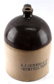2 Gallon Antique Stoneware Whiskey Jug Memphis TN. Two-tone "B.J. Semmes & Co. Memphis, Tenn" 2 gallon whiskey advertising jug. A few small, old chips near base. Jug in very good condition throughout. Great display piece.
Dimensions: 2 Gallon
Artist or Maker: B.J. Semmes & Co. Memphis, Tenn
Medium: stoneware
Condition Report: A few small, old chips near base. Jug is very good condition throughout.