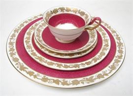 Wedgwood Whitehall Powder Ruby Fine China – 72 Piece Set.  Wedgwood Whitehall Powder Ruby Fine China Set | This beautiful regal Wedgwood China Set has a full seventy-two (72) piece service for twelve | The set is comprised of 12 dinner plates, 12 salad plates, 12 bread plates, 12 soup bowls, 12 teacups, and 12 saucers. Manufacturer : Wedgwood Origin: Made in England Description; Powder Ruby Band, Gold Grape Vine Vintage China Pattern: Whitehall Ruby W3994 Condition : Vintage – Very good condition without chips , cracks , or crazing Josiah Wedgwood and Sons, commonly known as Wedgwood, is a fine china, porcelain, and luxury accessories company founded in 1759 by Josiah Wedgwood, who is now remembered as the “Father of English Potters”.
Artist or Maker: Wedgwood China, England
Medium: China
Condition Report: Vintage – Very good condition without chips , cracks , or crazing
