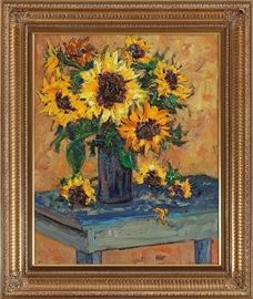 Graydon Foulger Oil Painting Entitled "Sunflowers on a Blue Table".  Striking Still Life Oil Painting by prominent plein aire artist Graydon Foulger (American, b.1942), entitled "Sunflowers on a Blue Table" | A wonderful still life impasto painting with vase of sunflowers in the style of Van Gogh | Oil on Canvas | Signed and dated '97 by the artist in lower left of canvas | Approx. Dimensions: image only 30'' H x 24'' W; with frame 35" H x 29" W. 