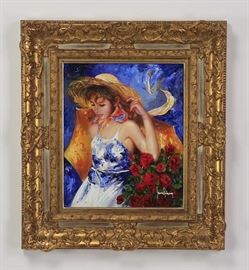 Portrait Oil Painting Entitled “Woman in a Sun Hat”, American School.  Stunning oil painting | Oil on canvas | Entitled: ‘Woman in a Sun Hat’ | Magnificent Ornate Gold Frame | Colorful Painting depicting a woman in blue dress and cream hat with roses | Artist signed at lower right | Dimensions: 22″h x 17″w, overall size including frame 34″h x 30″w x 3″d.
Dimensions: 34" H x 30" W x 3" D
Medium: Oil on Canvas
Condition Report: Excellent Condition.
Notes: Entitled "Woman in a Sun Hat"