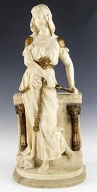 19th Century Italian Alabaster Sculpture Entitled "Judith".  Amazing Large 19th Century Hand Carved Alabaster Sculpture | Entitled "Judith" | A Beautiful Sculpture hand carved from solid alabaster | The Statue Depicts a Lady dressed in Ancient Greco-Roman / Middle Eastern attire and is holding / drawing a sword | The sculpture depicts the "Judith" from the Book of Judith, a deuterocanonical book, included in the Septuagint and the Catholic and Eastern Orthodox Christian Old Testament of the Bible, but excluded from Jewish texts and assigned by Protestants to the Apocrypha. Judith is often depicted holding a sword with which the character of Judith used to decapitate Holofernes, the General of the Assyrian army | The Sculpture is highlighted in areas with Gold Gilding | The statue sits atop a marble plinth | Approximate Measurement: 24.5″ x 8″ x 10.5″ | Condition: The Sculpture is in very good condition, having been professionally restored. Approximate Weight: 50 lbs | Note: Included ar