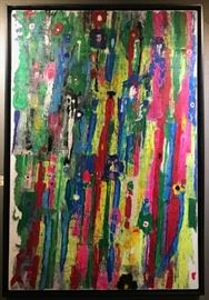 Description: An original abstract expressionistic oil painting by contemporary American artist and fashion designer Anthony Frommeyer | Oil on Denim | Titled by the Artist – “Fahzan” | The painting is signed by the artist verso on the stretcher bar and gallery label. The artist also drew the paintings title on verso on back of canvas. | Frommeyer discovered art at the age of 15, after the tragic loss of his father in a car accident. He found solace in expressing his emotions and anxiety by channeling that energy through use of color, stating that as he paints his soul feels no boundaries, allowing him to move from color to color with ease, eventually creating stunning, abstract works | Painting is in excellent condition | Housed in a custom black floating frame | Dimensions: 65.5″ W x 74.5″ x 2 D” with frame; 63.0″ W x 72.0″ H x 1.0″ D image only.
Dimensions: 65.5″ W x 74.5″ x 2 D”
Artist or Maker: Anthony Frommeyer
Medium: Oil on Denim
Condition Report: Painting is in excellent condit