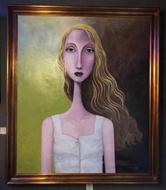 Very Large Modern Oil Painting by American Artist Terry Herb | Titled by Artist “Key Lime Eyes” | Oil on Canvas | Signed and dated (January 2006) by the artist on verso | Housed in a modern gold frame | Dimensions: Framed – 60″ x 51.5″ (Painting is an enormous 5 ft tall). Terry Herb is growing in popularity nationally as one of the best outsider artists. His paintings are now sold internationally, and are included in many private and public collections. His work is highly sought after for outsider art collections.
Dimensions: 60" H x 51.5" W
Artist or Maker: Terry Herb
Medium: Oil on Canvas
Date: January 2006
Condition Report: Excellent Condition.
Notes: Titled by Artist "Key Lime Eyes"