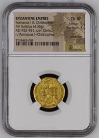 Ancient Romanus I and Christopher. 921-931 AD. AV Gold Coin Solidus (4.36 gm, 20mm). Constantinople mint. +IhS XPS REX REGNANTIUM *, Christ enthroned facing / ROMAN' ET XPISTOFO' AUGG b', facing busts of Romanus I and Christopher, holding patriarchal cross between them. DOC III 7; SB 1745. NGC Certified Choice XF strike 5/5 surface 3/5. Medium: Ancient, Byzantine, Christian, Gold, Coin, Solidus, Romanus I, Christopher, Christ, Coin, Date: 921-931 AD
Dimensions: 4.36 gm, 20mm
Artist or Maker: Constantinople mint.
Medium: Gold
Date: 921-931 AD
Condition Report: Choice Extra Fine: NGC Certified Choice XF strike 5/5 surface 3/5.
Literature: DOC III 7; SB 1745.