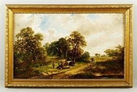 A beautiful 19th Century English landscape painting attributed to famed British landscape painter James Edwin Meadows (England, 1828-1888) | Oil on Canvas | The painting depicts a rural English countryside landscape with figures | Housed in a gilded wooden frame | Measures 30″ x 46″ | James Edwin Meadows | 19th Century | English | Painting | Oil on Canvas | Framed James Edwin Meadows (England, 1828-1888) was a prominent London landscape painter who studied under his father James Meadows Senior. Edwin came from a family with a strong artistic tradition. Despite being based in London, James Edwin Meadows travelled extensively throughout Great Britain seeking inspiration for his landscapes, particularly concentrating on the Southern coastline. He frequently painted views in Essex, Kent, Sussex, Surrey and the Isle of Wight. James Edwin Meadows exhibited at the major London Galleries including the Royal Academy (1854-72), the British Institute and the Royal Society of British Artists. Dime