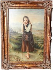 Exceptional original oil painting after William-Adolphe Bouguereau's (1825 - 1905) important painting "The Little Shepherdess" 1891 | Hand signed by the artist | The painting depicts a barefooted shepherd girl standing in a field and leaning on a staff | The Oil Painting is housed in a gorgeous custom antiqued gold Regency style wood and plaster frame | Dimensions: 34.0″ W x 46.5″ H x 3.0″ D.
Dimensions: 46.5" x 34" x 3"
Artist or Maker: Kensington
Medium: Oil on Canvas
Condition Report: Very Good Condition.