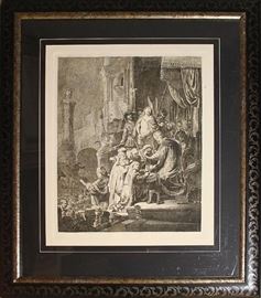 Important Rembrandt Etching by Armond Durand Entitled "Christ Before Pontious Pilate" | Important Original Armond Durand Etching using original Rembrandt plates | By the famed Armond Durand | Using Original Rembrandt Plates | 19th Century | Hand Pulled Etching | Christ and Pontious Pilate | Housed and matted in a very nice Custom Wood Carved Frame, and covered in glass | Measures 26″ x 28″
Dimensions: 30.5" x 34" x 1"
Artist or Maker: Armond Durand
Medium: Etching
Date: 19th Century
Condition Report: Good
Literature: After Rembrandt etching by his official authorized artist Armond Durand. Hand pulled etching from the original copper plates of Rembrandt restored by Amand Durand (1831-1905). Mr. Durand spent countless hours reconstructing and refurbishing the worn original Rembrandt copper etching plates. Approx. 26×28. Rembrandt Harmenszoon van Rijn was a Dutch painter and etcher. He is generally considered one of the greatest painters and printmakers in European art history and the mos