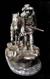 Magnificent Bronze Sculpture by Marshall Mitchell (1917-2001) | Two Alone (1981) | Limited Edition Original Sculpture Depicts Prospector Walking Horse | Statue is Signed, titled and numbered 1/35 on base by Artist | On a Solid Marble Base | Dimensions: H: 22 W: 23 D: 14 in. | Provenance: Henry Bonnard Bronze Company and Associates. Marshall Mitchell Biography: 1974 – Yale School of Music and Art, Yale University, Norfolk, CT; studied painting and drawing with Gabriel Laderman. 1975 – BFA, University of Illinois, Champaign-Urbana, IL 1976–1977 – Teaching Assistant of Intermediate Painting with Gretna Campbell, Yale University, New Haven, CT 1977 – MFA, Yale University, New Haven, CT; studied painting and drawing with William Bailey, Bernard Chaet, Al Held, Lester Johnson, and John Walker. Studied printmaking with Gabor Peter. Studied art history with Rainer F. Crone, Robert L. Herbert, and Robert F. Thompson. 1977–1979 – Instructor, Maryville College, St. Louis, MO 1978–1979 – Instructo