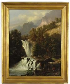 Remarkable Antique oil painting by famed and well listed Swiss landscape artist Franz Adolf Christian Muller (1841-1903) | Entitled "Splügenpass" (Splügen Pass - which is a high mountain pass which marks the boundary between the Lepontine and Rhaetian Alps of Switzerland | Oil on Canvas | Swiss Mountain Landscape with Waterfalls in the Summertime | Beautiful composition with mill house, bridge and figures | Signed by the artist “F. Muller” and inscribed “Dusseldorf 1870″ in lower left of canvas | Excellent example of a Muller vertical landscape of the Swiss Alps. Housed in a period gold gilded wood frame | Dimensions: 30″ x 24.5” with Frame | Good condition with previous reline and restoration.
Dimensions: 30" H x 24.5" W
Artist or Maker: Franz Adolf Christian Muller
Medium: Oil on Canvas
Date: 1870
Condition Report: Good condition with previous reline and restoration.
Provenance: Barthélemy Menn, Geneva, till his death in 1893, believed then to the Geneva Art School / Geneva Art Socie
