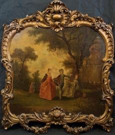  Fantastic Large 18th Century Oil painting by Austrian-French artist Maurice Venar, a pupil of Antoine Watteau and/or his student, Francois Boucher | Painting is Oil of Board | Painting is entitled “Dancing in the Garden” | The painting is an important piece, being an excellent example of Watteau’s work. Watteau is now seen as seminal in transitioning the Baroque style of painting into what is now known as Rococo. The painting is signed in the bottom center of the painting | This beautiful painting depicts a man and woman dancing in a garden to music played by child on a violin. The garden or park setting includes a tree and fountain in the foreground, and other figures in the background | The painting is housed in a phenomenal custom Rococo style carved ornate frame with a shell inspired crest. There is also a shell figure on the lower portion of the frame. The term Rococo was derived from the French word “rocaille”, which means pebbles and refers to the stones and shells used to deco