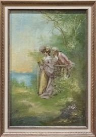 An Italian Figurative Landscape Oi Painting by esteemed and well listed Italian artist artist Lazzaro Pasini (1861-1949); Entitled "Couple in the Garden" | Medium: Oil on canvas; Measures: image only 20.75 x 15 inches; Signed in the lower left of canvas "Pasini" | Circa 1884. This painting represents the Macchiaioli style of painting Pasini learned from studying under Giovanni Fattori in Florence, Italy in approximately 1880. Thereafter, Pasini began incorporating this Macchia like style in his Tuscan countryside landscapes. It was in these paintings, like the Couple in the Garden presented here, that Pasini became well known, resulting in his debut in 1884 at the National Exposition of Turn.
Dimensions: 15" x 20.75" x 1" (Image Only)
Artist or Maker: Lazzaro Pasini (1861-1949)
Medium: Oil on Canvas
Date: 1884
Condition Report: Very Good Condition considering age and use.
Literature: The Macchiaioli Movement: The Macchiaioli (Italian pronunciation: [makkjaˈjɔːli]) were a group of Itali