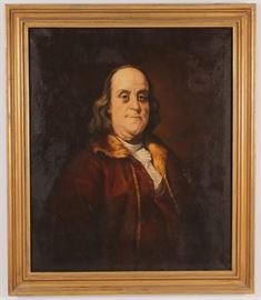  Portrait Painting of Ben Franklin After Joseph Duplessis (1725-1802) | In the manner of Adriaen Hanneman | Previously attributed by Sotheby’s to follower of Adriaen Hanneman (See Sotheby’s Label on Verso) | Oil on Canvas | Provenance: Newman Galleries, Walnut St, Philadelphia | Housed in a gold gilt frame | Dimensions: 36 x 30.5 Framed: 42.5 x 36 | Professionally Repair in upper left | Provenance: From the estate of Jay Yamner in Park Slope, Brooklyn, NY; Previously Newman Galleries, Philadelphia. "A portrait by Duplessis of Franklin" was evidently preliminary to the later one owned and displayed at the ME. The earlier paiting (New York Public Library) is a pastel on parchment and shows him in precisely the same pose but wearing a gray collarless jacket and waistcoat. An x-radiograph demonstrates that originally Franklin’s coat did not have a fur collar in the present work either. The VIR portrait was engraved in reverse by Juste Chevillet (b.1729, d. before 1790) with the same inscri