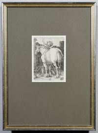 An Albrecht Durer (German, 1471-1528) woodcut engraving entitled “The Large Horse” | The original was made in 1505 | The engraving has a Meder “f” impression dating ca. 1550-1600 | It is signed with an “A” and “D” monogram in plate, lower right, and dated 1505 in plate, top middle | This remarkable engraving matted and housed in a wooden frame under glass | Approx. Dimensions: 19.25″ x 14.25″ | Albrecht Durer | The Large Horse | German | 1471-1528 | Engraving | Framed.
Dimensions: 14.25" x 19.25" x 1"
Artist or Maker: Albrecht Durer
Medium: Engraving
Date: 16th Century
Condition Report: Excellent
Literature: From the Exhibition Catalogue: The Brilliant Line: Following the Early Modern Engraver, 1480-1650 (September 18, 2009 – January 3, 2010): This print demonstrates Dürer’s mature graphic system, in which he responded to the precision and clarity of engraving, describing both texture and space by varying the direction, density, and arrangement of lines in controlled sections. Short fl