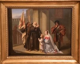 Remarkable Newly Restored Museum Quality 18th Century Oil Painting attributed to the great Venetian Painter Giovanni Battista Tiepolo (1696 – 1770) | This is a very fine detailed composition in Gianbattista’s Old Master Style | Painting represents an excellent example of Gianbattista’s Historical Paintings and Frescos | Professionally Restored with Re-lined Canvas | Depicts Priest Blessing a Family during the time of the crusades | Housed in a large custom gold gilt wood frame | Dimensions: 34″ W x 27.5″ H
Dimensions: 34" x 27.5" x 2"
Artist or Maker: Giovanni Battista Tiepolo (1696 – 1770)
Medium: Oil on Canvas
Date: 18th Century
Condition Report: Excellent
Literature: Giovanni Battista Tiepolo (March 5, 1696 – March 27, 1770), also known as Gianbattista or Giambattista Tiepolo, was an Italian painter and printmaker from the Republic of Venice. He was prolific, and worked not only in Italy, but also in Germany and Spain. Giovan Battista Tiepolo, together with Giambattista Pittoni, Can