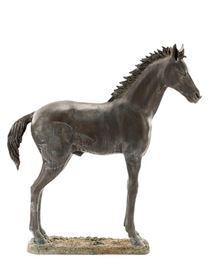 Very Large bronze sculpture of a colt | The statue of a young horse has excellent detail with a beautiful flowing mane and very expressive facial features | The bronze sculpture has a rich verdi gras patina throughout | The Sculpture stands on a large bronze base | The sculpture is signed by the artist on its base | Dimensions: Approximately 52″ x 47″ x 13″ | Provenance: From the private collection of Elaine Killeen of Atlanta Georgia | Very Good with small area of opaque toning on right rear.
Dimensions: 52" X 47" X 13"
Medium: Bronze
Condition Report: Good
Provenance: From the private collection of Elaine Killeen of Atlanta Georgia