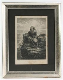 Wonderful 19th century steel engraving by renowned American Engraver R. Kupfer (New York, active 1860–1870) | Engraving is of a the famous Thomas Nast (1840 – 1902) sketch entitled “Moses on Mount Nebo” (bible book plate) | Matted under glass in a custom silver wood frame | Measures 11″ X 14″ Image Only | Complete History of the Engraving is attached to the reverse | Engraving has some toning on edges consistent with age. Kupfer's engravings are owned and displayed at the world's finest museums. eg. The MET.
Dimensions: 11" W x 14" H Image Only
Artist or Maker: Thomas Nast (1840 – 1902); R. Kupfer (New York, active 1860–1870)
Medium: steel engraving
Date: 19th Century
Condition Report: Engraving has some toning on edges consistent with age.
Provenance: Complete History of the Engraving is attached to the reverse.