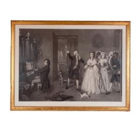 A lithograph after the engraving of “Beethoven chez Mozart” by Paul Allais from a painting by H. Merle, engraved by Alfred Chardon. This engraving depicts Beethoven playing the organ while Mozart is successfully quieting the members of the nobility present, who normally regarded music as only background accompaniment to their witty conversations. Housed in a wood gold tone frame under glass.
Dimensions: 41" x 31" x 1"
Artist or Maker: H. Merle
Medium: lithograph
Condition Report: Good, wear and soiling present.