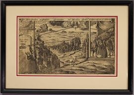 Rare Historic 18th Century Woodcut Engraving of Elector Frederick the Wise of Saxony’s Dream in Schweinitz on October 31, 1517 | Engraving is Depicting Luther Posting the Ninety-Five Theses on Indulgences in Elector Frederick the Wise’ Dream | Anonymous Engraver | Published in 1717 or earlier | Martin Luther’s 95 theses being posted to door of cathedral in Wittenberg on October 31, 1517 | Engraving by Swiss School | Framed and matted under glass | Dimensions: Sight Size: 7.25 x 12.5 in.; Overall Size: 12 x 16.75 in. The scene in the engraving, itself a recasting of an earlier engraving from 1617, depicts a later tradition (dating to 1591), supposedly related thirdhand, that, on the night before Martin Luther nailed his 95 Theses to the door of the Castle Church in Wittenberg, Elector Frederick the Wise had a dream which he related to his brother John the following morning. In the dream, a monk wrote something on the door of his Castle Church with a pen whose quill stretched all the way