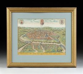 Rare Stunning 16th Century Hand Colored Engraved Map created by Georg (Joris) Hoefnagel (Flemish 1542-1600) Entitled "Sevilla" 1588, copperplate engraving with hand coloring | Published by Braun & Hogenberg, Cologne, 1588-1617 | From volume 4 of George Braun & Frans Hogenberg, Civitates Orbis Terrarum (Cologne: Gottfried von Kempen, ca. 1588) | Measures 27 1/2" x 23 1/2" | Very Good Condition: Minor foxing to paper, wear along crease. Civitates Orbis Terrarum: Between 1572 and 1617 Georg Braun (1541-1622) and Frans Hogenberg (1535-1590) published the Civitates Orbis Terrarum: in six volumes, containing about 530 maps of mostly European cities. Georg Braun was the editor of this series, and Frans Hogenberg was the most important engraver. They relied mainly on existing maps, but also on maps made by drawings made by the Antwerp artist Joris Hoefnagel (1542-1600), who had travelled through most of Western Europe. After Joris Hoefnagel's death his son Jakob continued the work for the Civi