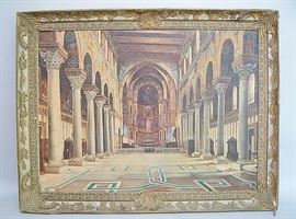 Exceptional Interiorscape by Italian Artist Giuseppi Gallo (Italian 20th Century) Oil Painting | Oil on Canvas | Architectural Painting, Church Interior | Signed by the artist Giuseppi Gallo in lower right; Signed and Dated 1957 by the artist en verso on stretcher bar | Housed in a remarkable handmade textile and wood ornate mixed Media frame | Measures 23" H x 31" W.
Dimensions: 23" H x 31" W
Artist or Maker: Giuseppi Gallo
Medium: Oil on Canvas
Date: 1957
Condition Report: Very Good Condition. Frame has small tear to fabric in lower right, otherwise in very good condition.