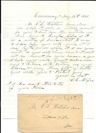 Civil War Letter to Nathan L. Hutchins, Jr. dated July 12, 1861, just before Hutchins entered the 16th Georgia Regiment, and just three months after the war began with the bombardment of Fort Sumter, South Carolina. Letter is written from the City of Cumming, Georgia. The author writes “May you conquer our enemies and return with Victory. May the God of Battle protect you and keep you safe.” Hutchins was a commander of the Confederate Georgia Sharpshooters and mustered out as a Lieutenant Colonel. He was taken POW at Sailor’s Creek. With original cover. Very good condition. Cumming is the county seat of Forsyth County Georgia, and is located forty miles north of Atlanta. The town was founded in 1833, a year after the creation of Forsyth County. The land for the town, two forty-acre lots that were part of an 1832 Cherokee land lottery, was purchased by local officials in 1833 and 1834. They then divided the town land into smaller lots and sold them off over the next several years, rese