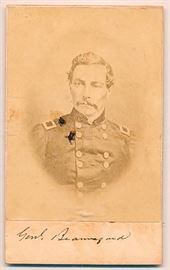  Rare Original Carte de Visite photograph of Civil War Confederate Major General Pierre G. T. Beauregard | Pierre G. T. Beauregard (1818-1893) was the Confederate general who initiated the attack on Fort Sumter that started the Civil War | Beauregard also led with distinction at First Bull Run, Shiloh, and in the defense of Richmond, Virginia | This is an original Carte de visite photograph of General Beauregard in a chest-up pose in federal uniform in an oval image | Has General Beauregard’s name penned on the lower mount | The photograph has a Backstamp by the Augusta Photographic Gallery of Art, Augusta, Ga. | Very Good Condition: Faded slightly, with two small ink spots. Pierre Gustave Toutant-Beauregard (May 28, 1818 – February 20, 1893) was an American military officer who was the first prominent general of the Confederate States Army during the American Civil War. Today, he is commonly referred to as P. G. T. Beauregard, but he rarely used his first name as an adult. He signed c
