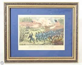 Original hand colored stone lithograph by the famed 19th Century printing house of Currier & Ives | This rare historical print depicts the Civil War Battle of Cedar Mountain, a major battle that took place in Virginia on August 9, 1862. The battle was won by the confederate army, and began the 1862 Northern Virginia Campaign by the Confederacy. Print is attractively matted and framed under glass. The piece measures approx. 21″ x 17″. This antique print shows nicely with typical signs of age and wear including toning and minor creasing. This lithograph is an original and NOT a reproduction. Battle of Cedar Mountain Summary: Maj. Gen. John Pope was placed in command of the newly-constituted Army of Virginia on June 26th. Pope’s orders were to defend Washington DC and Union-held northern Virginia while the Army of the Potomac under Maj. Gen. George B. McClellan battled Robert E. Lee outside of Richmond. When McClellan was defeated at the end of the Seven Days battles less than a week late