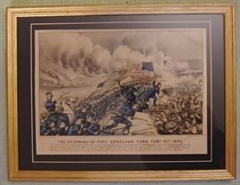 Original Currier & Ives Hand Colored Lithograph Depicting the Storming of Fort Donelson, Tennessee | Battle of Fort Donelson, February 15, 1862 | The Work is entitled “The Storming Of Fort Donelson Tenn. Feb. 15th. 1862.” | Published in New York: Currier & Ives, 1862 | Authentic Original Hand Colored Currier & Ives Lithograph printed during Civil War | Professionally matted and framed under glass | Dimensions: Image size 7 13/16 x 12 5/16″ (109 x 312 mm); Frame Size Approx. 13″ x 17″ | NOT A REPRODUCTION. A previously unrecorded Currier & Ives print of Grant leading his troops in the assault on Fort Donelson. The capture of Forts Henry and Donelson brought Grant’s name to the attention of the public, so Currier & Ives dug up a photograph of Grant, which they transferred to the stone used to make this print, providing one of the first portraits of Grant available to the public. Summary of Content: Published by Currier & Ives at 152 Nassau Street, New York. Caption under the title says: 