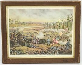 Rare Original Chromolithograph by the famed 19th Century printing house of Kurz & Allison | Entitled “Battle of Stone’s River – Near Murfreesborough [sic] Tenn.” | This rare historical print depicts the Civil War Battle of Stone’s River, a major battle that took place in Murfreesboro Tennessee from December 31, 1862, to January 2, 1863. The Print is preserved under archival glass. This print measures approx. 16″ W x `12″ H (Image Only) | The print is in excellent condition, and shows very nicely with only slight toning. This chromolithograph is an original published by Kurz & Allison in 1891 and NOT a reproduction. This amazing piece of art history is the most common scene used by historians to depict the battle (See the Image of the Battle of Fort Sanders page in Wikipedia). Battle of Stone’s River The Battle of Stones River or Second Battle of Murfreesboro, was fought from December 31, 1862, to January 2, 1863, in Middle Tennessee, as the culmination of the Stones River Campaign in t
