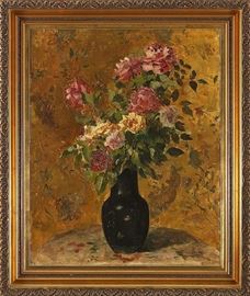  A gorgeous Floral Still Life Oil Painting by the prominent French artist Louis Edouard Brindeau de Jarny (French, 1867-1943), still life with roses, oil on canvas, signed, dated 89, and later inscribed lower right. Craquelure, small repair with loss center, two very small holes. Canvas 31-3/4''h, 25-1/2''w. (Fine Art)
Dimensions: 31.75" x 25.5" x 1"
Artist or Maker: Louis Edouard Brindeau de Jarny (French, 1867-1943)
Medium: Oil on Canvas
Date: 1889
Condition Report: Very good condition. Craquelure, small repair.