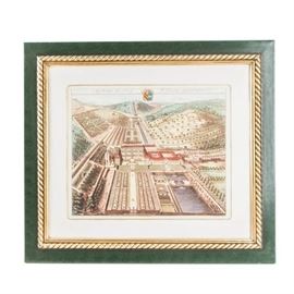 Early 18th Century Johannes Kip architectural Engraving | Entitled “Dyrham, the Seat of William Blathwayt Esq.” | Print Depicts an architectural scene in England | Artwork is matted and housed in a beautiful custom green frame with gold tone braided trim | Dimensions: 27.0″ W x 24.0″ H x 1.5″ D in frame; 17″ × 14″ image only | Johannes "Jan" Kip (1652/53, Amsterdam – 1722, Westminster) was a Dutch draftsman, engraver and print dealer. Together with Leonard Knyff, he made a speciality of engraved views of English country houses | Johannes Kip (1653-1722) was a Dutchman who settled in England at the end of the 17th century. A talented draughtsman & engraver he produced the engravings for the remarkable "The Ancient & Present State of Gloucestershire", published by Sir Robert Atkyns in 1712. Dimensions: 27.0″ W x 24.0″ H x 1.5″ D Artist or Maker: Johannes Kip (1653-1722) Medium: Engraving Date: 1712 Condition Report: Very Good + Condition. Notes: This item coordinates and may be paired wi