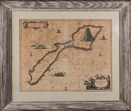 Insulae Johannis Mayen. Hand-colored engraving, dated 1649/1650. Inscription on the mat 'Jansson 1649. Sight size 20 x 16 inches. Framed.
Dimensions: 20" x 16"
Artist or Maker: Johannes Jansson
Medium: Hand Colored Engraving
Date: 1649/ 1650
Condition Report: Very Good +