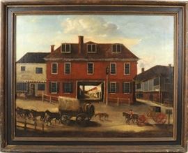 Exceedingly rare 19th Century English School Folk Painting by G.H. Hepworth Entitled "Liverpool to London" | Circa 1850 | An English coaching scene | Oil on Canvas | Dimensions: Sight size: 22.75" H x 29.5 W, Frame size: 28.25" H x 34.75" W | Professionally relined and restored, has mild soiling, crazing. Not only are 19th Century English Folk paintings rare, but Hepworth's paintings are exceptionally rare. "The Cathedral, Old Church Steps" by G. H. Hepworth. Oil on panel, 1852; The Old King’s Arms, Wakefield, English School. Oil on canvas, 1850.
Dimensions: 28.25" H x 34.75" W
Artist or Maker: G.H. Hepworth
Medium: Oil on Canvas
Date: 1850
Condition Report: Professionally relined and restored, has mild soiling, crazing.
Notes: Not only are 19th Century English Folk paintings rare, but Hepworth's paintings are exceptionally rare. "The Cathedral, Old Church Steps" by G. H. Hepworth. Oil on panel, 1852; The Old King’s Arms, Wakefield, English School. Oil on canvas, 1850.