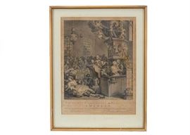  An original very well-known 1762 satirical wood engraving by famous well-listed English artist William Hogarth (1697-1764), titled Credulity, Superstition, and Fanaticism – A Medley. The verse “Believe not every Spirit, but try the Spirits whether they are of God, because many false prophets are gone out into the World. 1 John Ch.4 V. 1” is written in black script in the lower margin. The intricate image references several popular high-profile religious scandals of the time, and was made to mock secular and religious credulity. It was both designed and engraved by Hogarth; this information is printed in-plate to the lower left. This print is matted in white and presented behind glass in a thin beveled wooden frame. CONDITION Fair - print is discolored, creased, and has significant foxing, consistent with age. Light discoloration and foxing are also beginning to form across the piece’s matting. Residue from a sticker is attached to the glass’s lower left corner. Accretion and scratchin