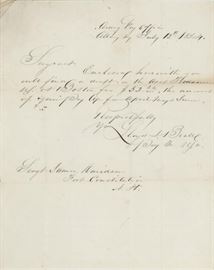 Very Rare Hand Written & Signed Letter (ALS) by Confederate Marine Commandant Lloyd J. Beall | LLOYD J. BEALL (d. 1887) Confederate military officer, the commandant of the Confederate Marine Corps which was considered one of the best fighting units in the Civil War | A.L.S., 1p. 4to., "Army Pay Office", Albany, July 12, 1854, to Sgt. James Davidson at Ft. Constitution, NH | During the American Civil War, he served as a colonel and as Commandant of the Confederate States Marine Corps. He was the only man to command the Confederate marines throughout the conflict. Civil War Signed Letter by Confederate Military Officer Lloyd J. Beall (d. 1887) | The one page (quarto) Letter (A.L.S.) is from Beall at the “Army Pay Office, Albany NY on July 12, 1854” is written to Sgt. James Davidson at Ft. Constitution, NH | Very good condition with very light toning at part of one fold. Lloyd James Beall (October 19, 1808 – November 10, 1887) was a United States Army officer and paymaster. However, durin