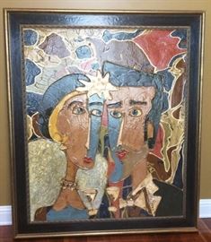 Original Expressionism Painting by the acclaimed and popular Nashville, Tennessee artist Ron Baldwin | Entitled "Celebrating Couple" | Hand Signed by the Artist in man's lapel to lower right | Large expressionistic impasto / gesso style painting of a man and woman celebrating. Very colorful gesso acrylic with brown oil wash, polyurethane finish | Housed in a custom black and gold wood frame | Dimensions: 56" H X 48" W | Excellent Condition.