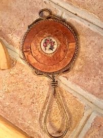 Leather/petit pointe antique hand-held mirror 