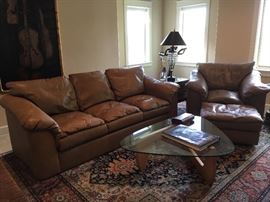 Taupe leather sofa, armchair, and ottoman - Italian made