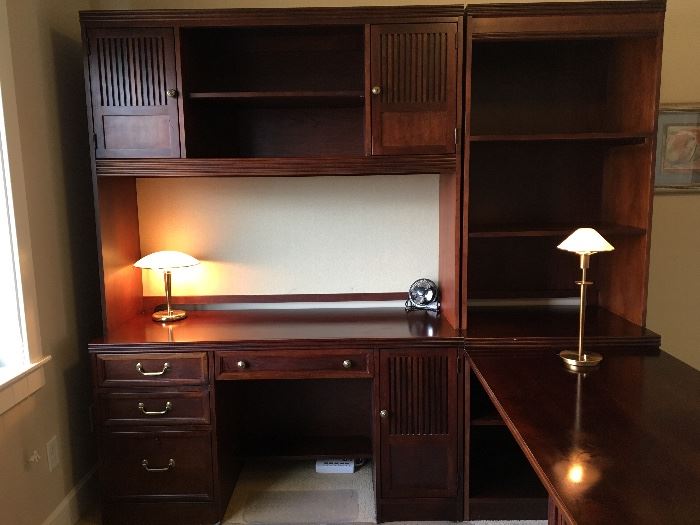 L-shaped desk, bookcase hutch by Stanley furniture - measures 7’3” by 6’6”