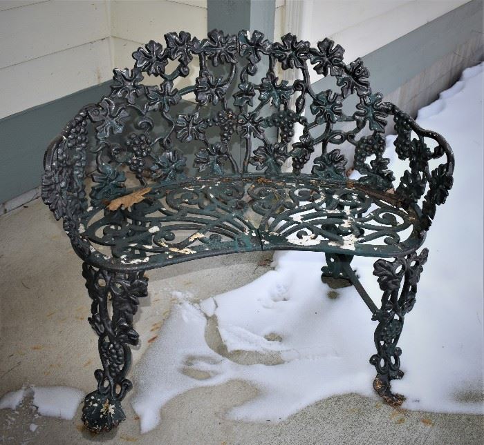 Solid Cast Iron Garden Bench / 2 Person Setee with Grape Vine, Leaf and Grape Bunch Decoration.   Better foundries throughout U.S. c.1900.