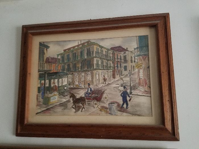 Antique Watercolor of the French Quarters, New Orleans, Streetcar named Desire, Times Picyune