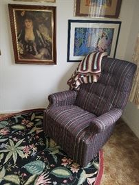 Needlepoint round rug, recliner