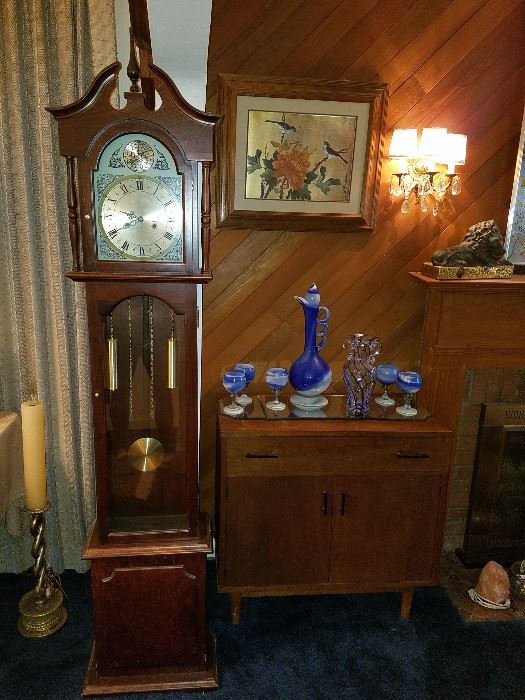 Grandmother clock, MCM Drexel Cabinet. Hand Blown Art Glass Decanter and Goblets. Gold Foil Botanical