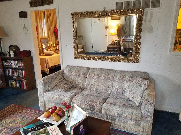 Ornate mirror, sofa, Cherry queen Anne Coffee Table